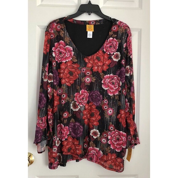 RUBY RD. TOPS 2X TOP FLORAL GLITTERING ROSE KIMONO MULTICOLOR PULLOVER V NECK - Picture 1 of 10